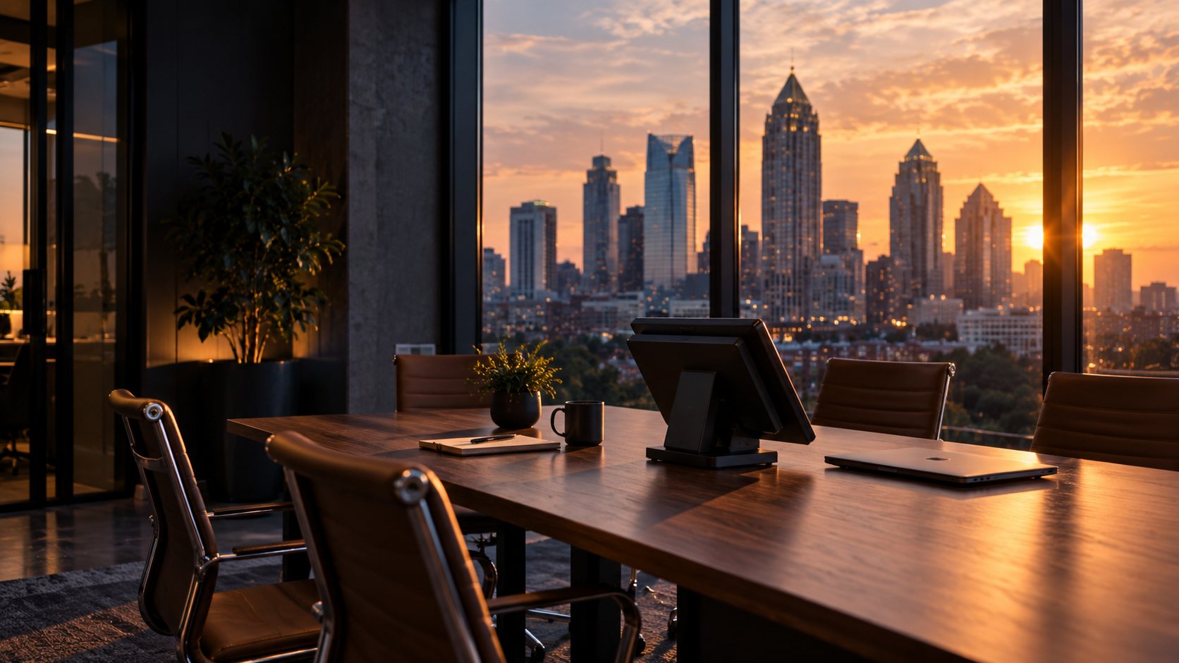 Chipple office at dusk with the Atlanta skyline through the windows and a terminal on the desk.