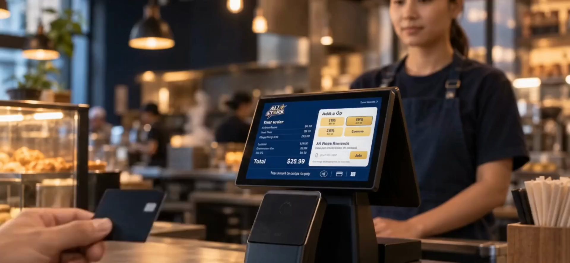 Staff member handing an order across the counter next to the Chipple dual-screen terminal, city skyline in the window.