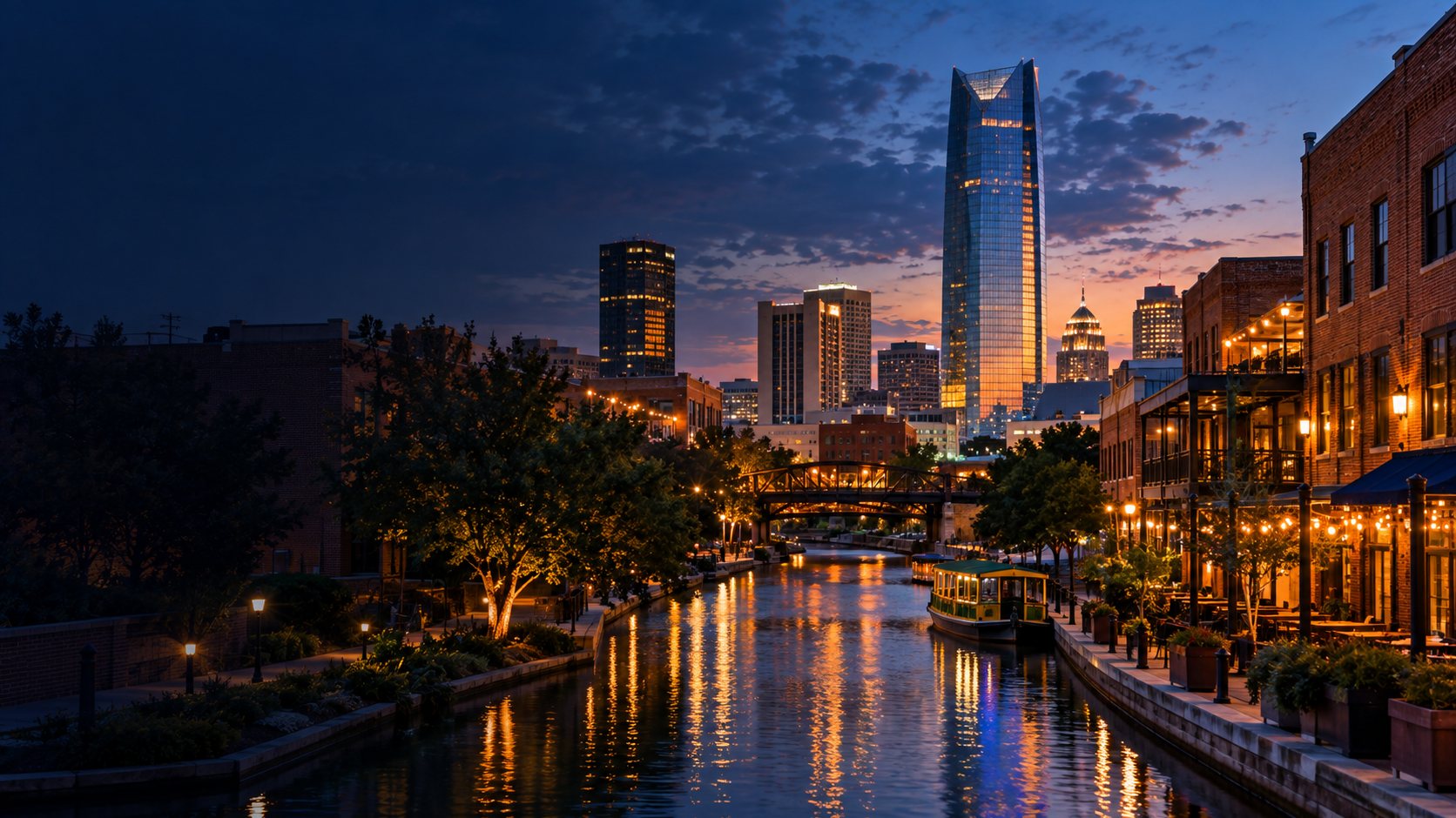 Oklahoma City skyline over the Bricktown canal at dusk.