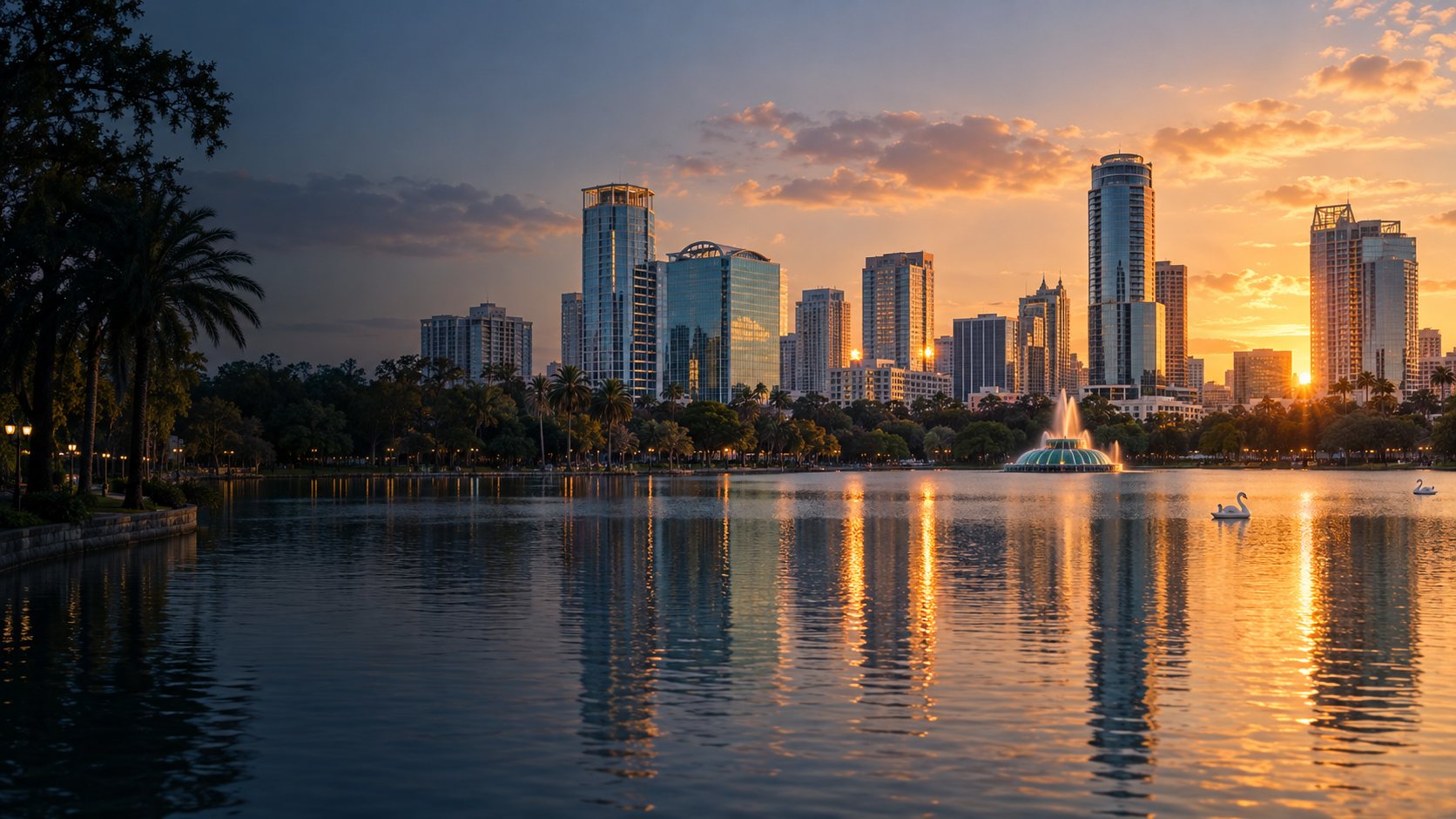 Downtown Orlando skyline reflected in Lake Eola at sunset.