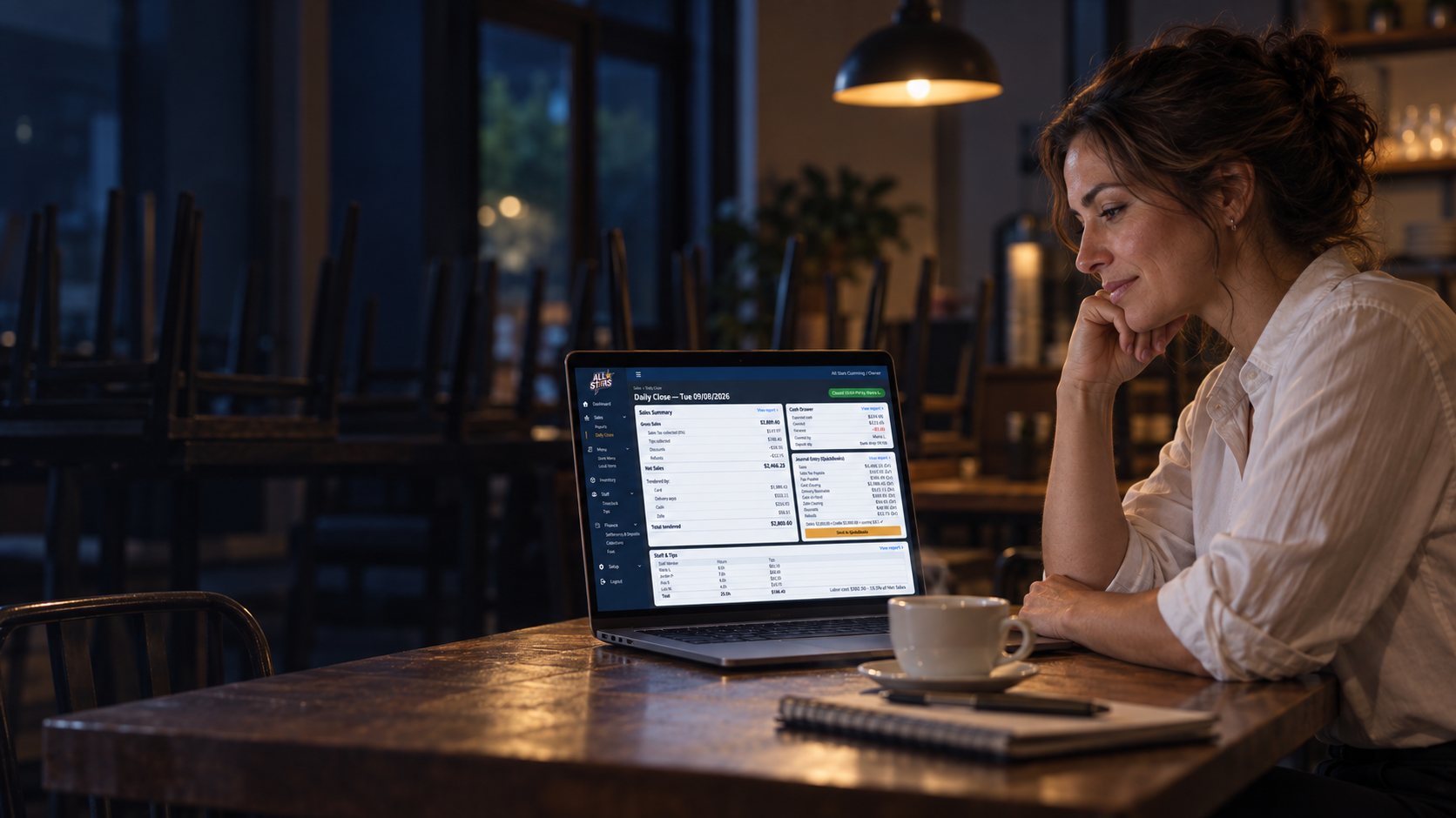 Franchisee reviewing the store dashboard on a laptop in the dining room after closing.