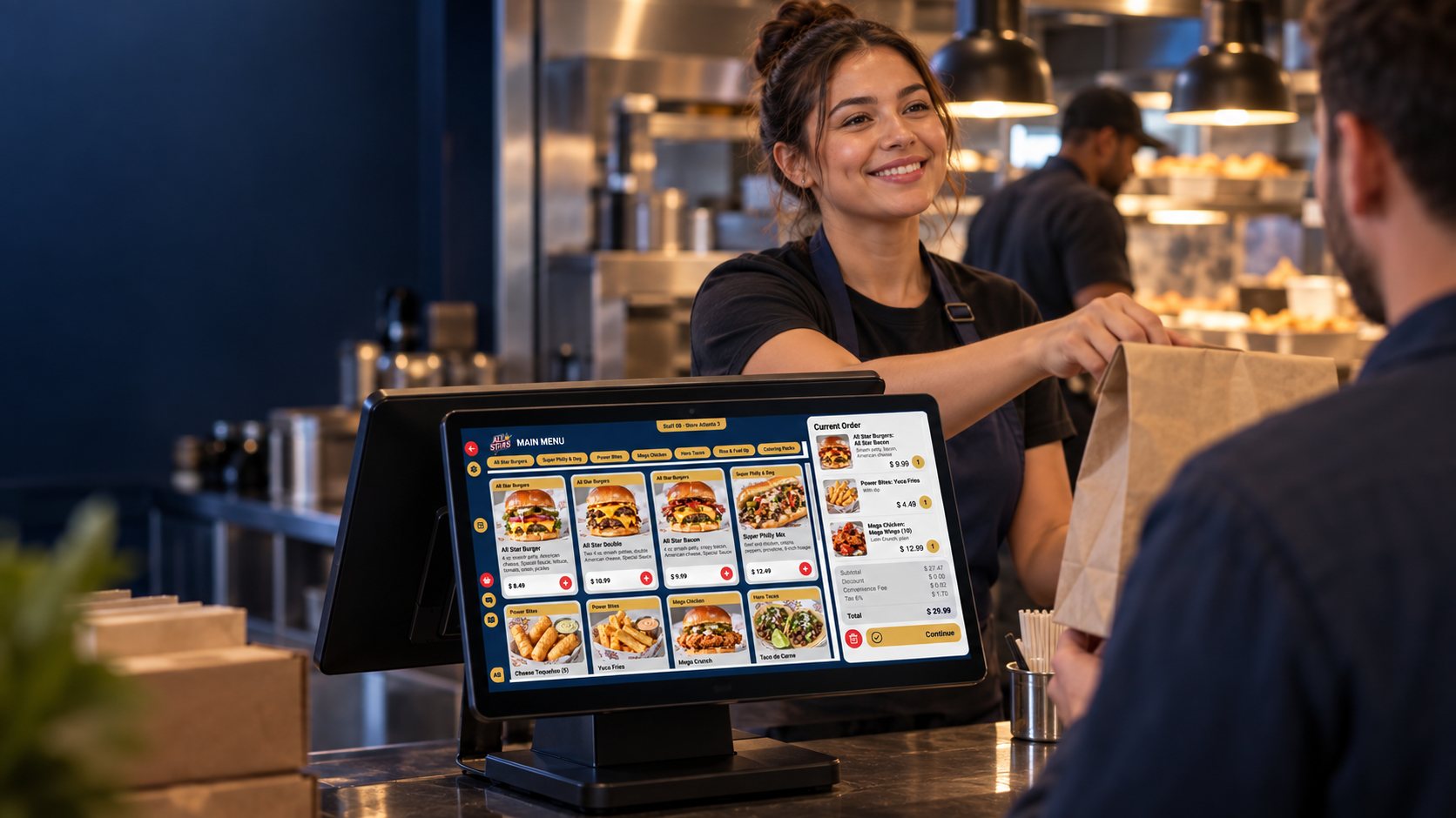 Staff member handing an order across the counter next to the Chipple dual-screen terminal, city skyline in the window.