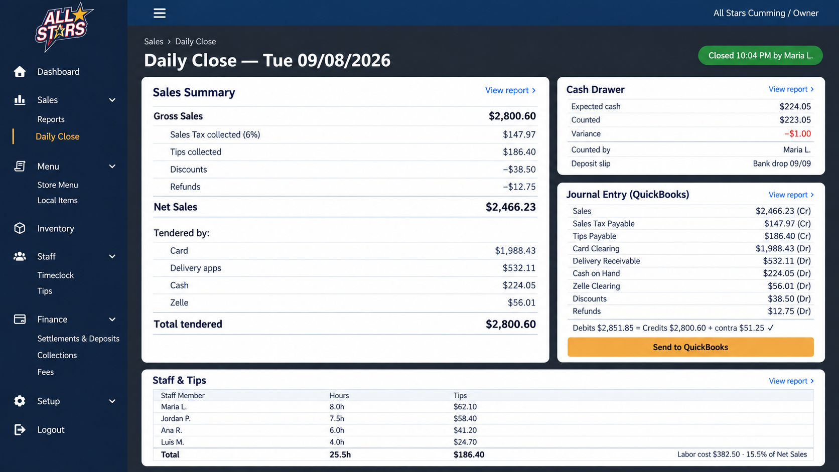 Chipple Daily Close: sales summary, cash drawer count, tenders and the journal entry sent to QuickBooks.