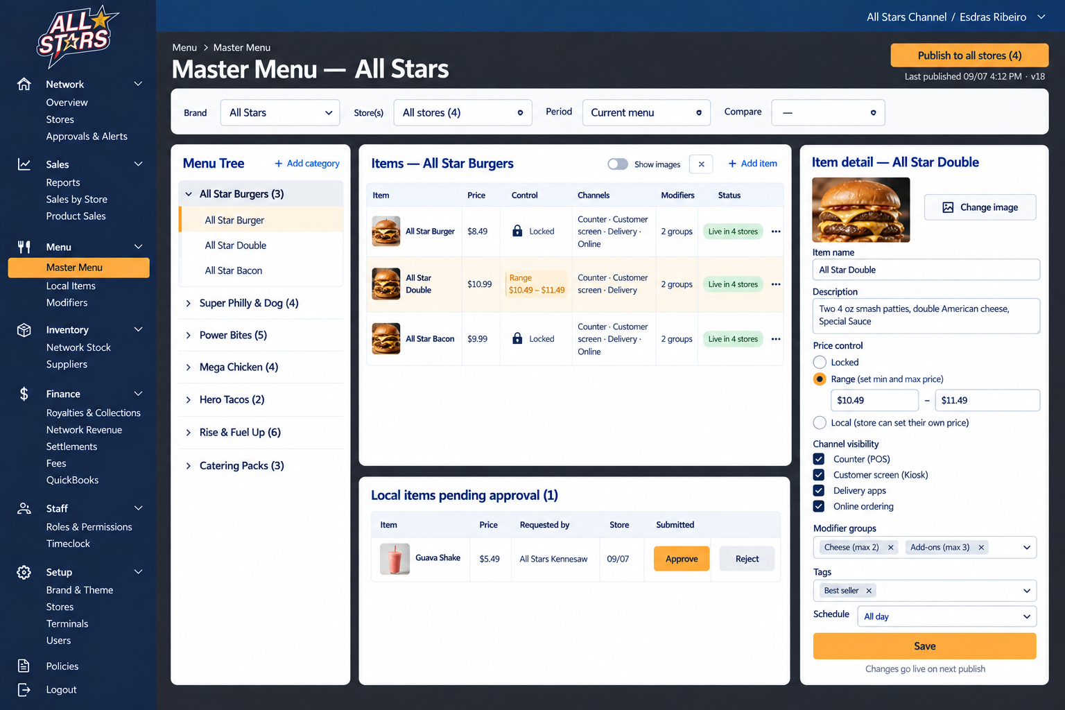 Chipple Master Menu editor: menu tree, item detail with locked fields and price range, and local items pending approval.