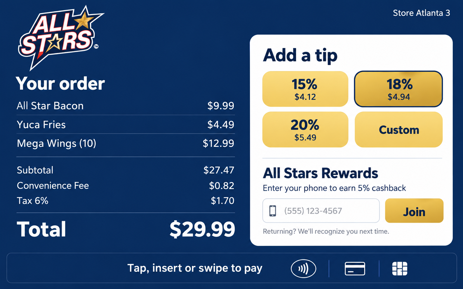 Chipple customer-facing screen with the brand's logo, the order, tip options and the rewards prompt.
