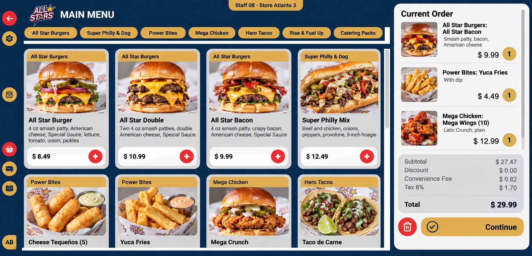 Chipple point-of-sale screen on the dual-screen terminal: menu grid with photos and the current order.